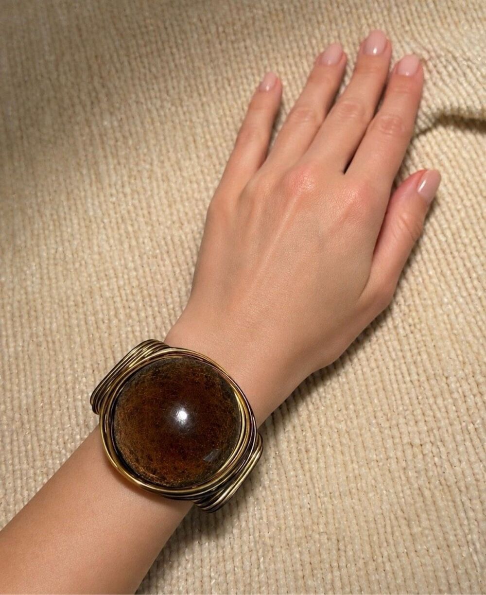 Vintage Italian Jewelry Statement Cuff Bracelet Brown Stone Gold Tone